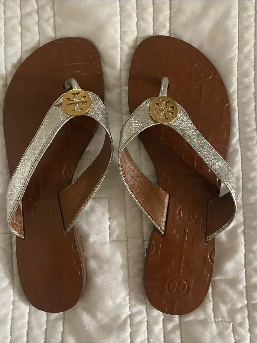 Tory Burch Silver and Brown Logo Thong Sandals